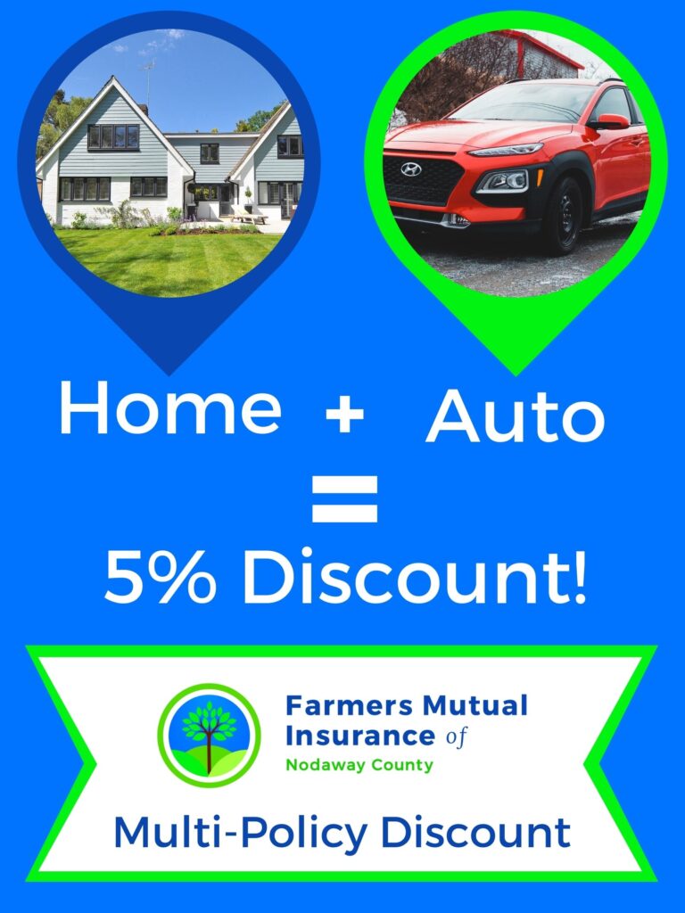 Mutli-Policy discount provides a five percent discount when your primary home and auto insurance coverage are both provided by your Farmers Mutual of Nodaway County agent. Discount only applies to one primary, owner-occupied dwelling.